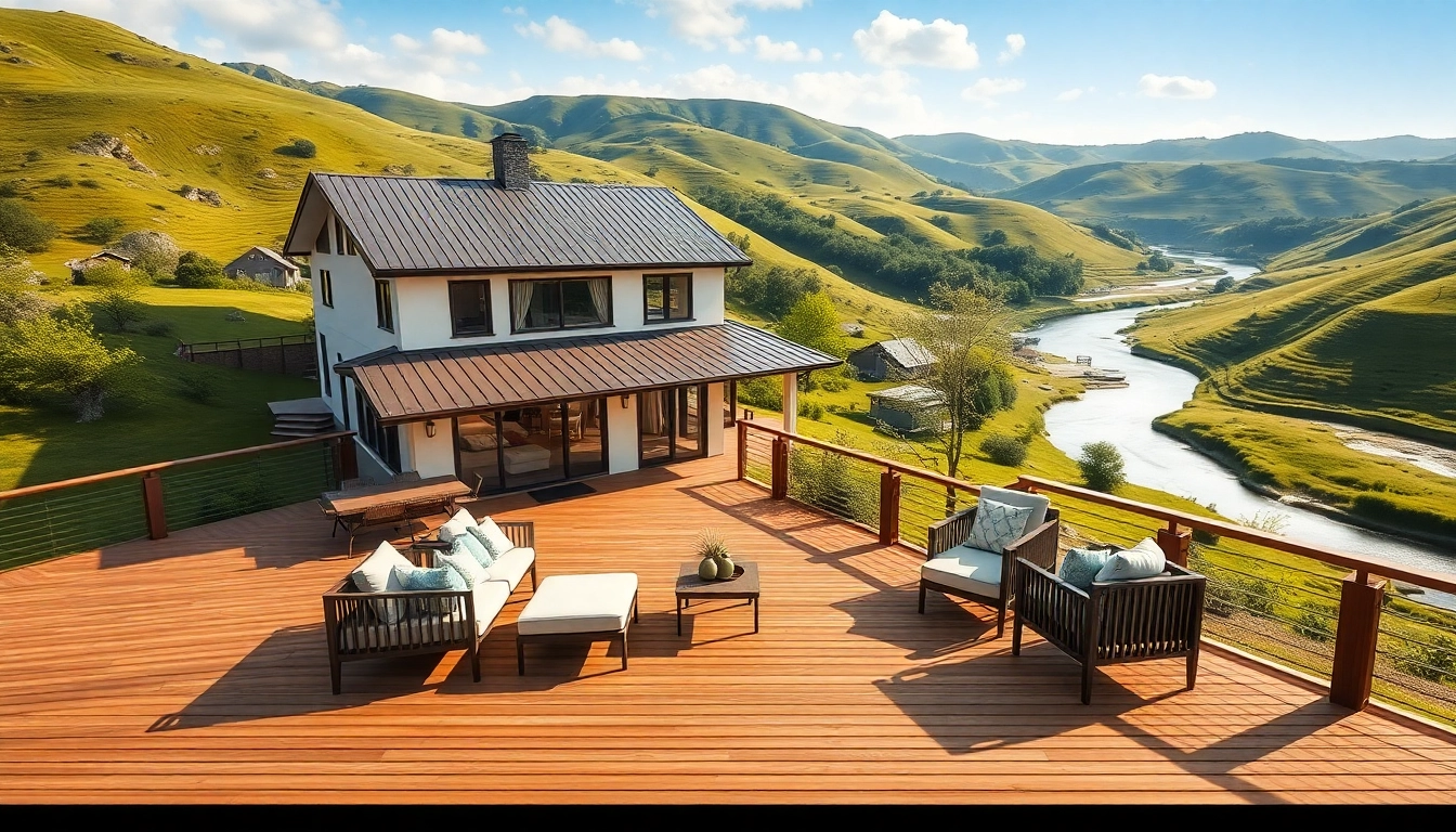 Winding River Farmhouse New Build with a modern wooden deck and lush surroundings.