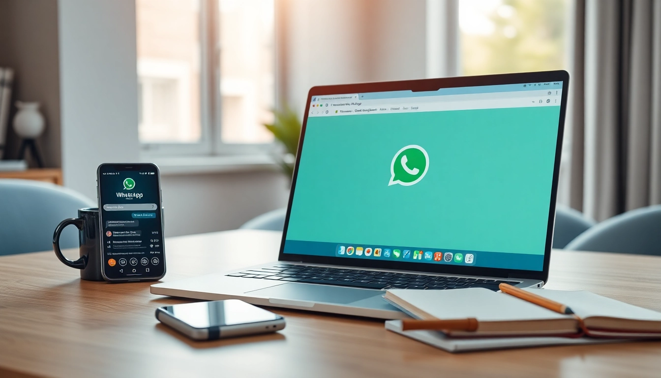 一个引人入胜的工作区，笔记本上显示着 WhatsApp Web，旁边有智能手机和一杯咖啡。