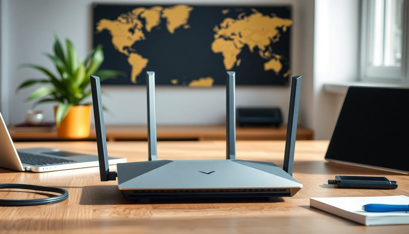 Set up a secure vpn router for home in a contemporary office setting with stylish decor.