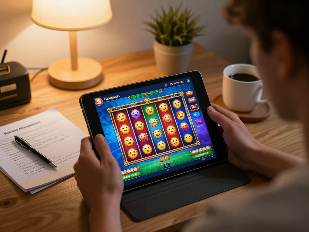 Player engaging in a vibrant tg8 slot game on a tablet, showcasing dynamic gameplay and relaxed home environment.
