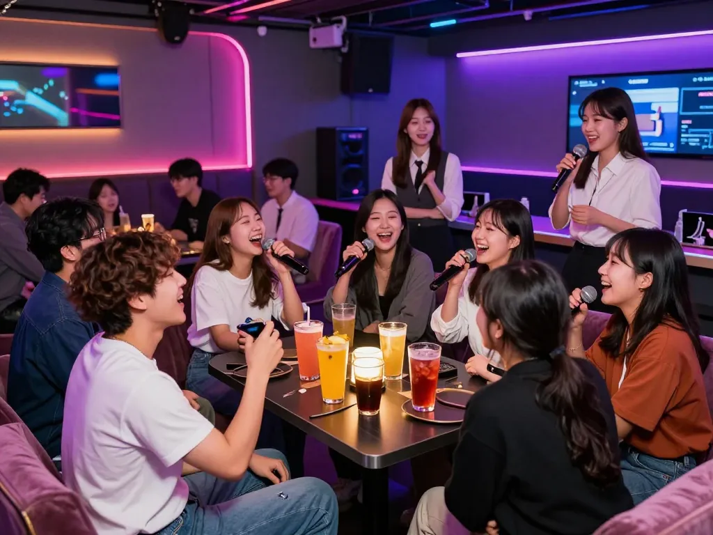 다채로운 조명과 음료로 가득한 인천쓰리노에서 활기찬 분위기를 즐기는 손님들.