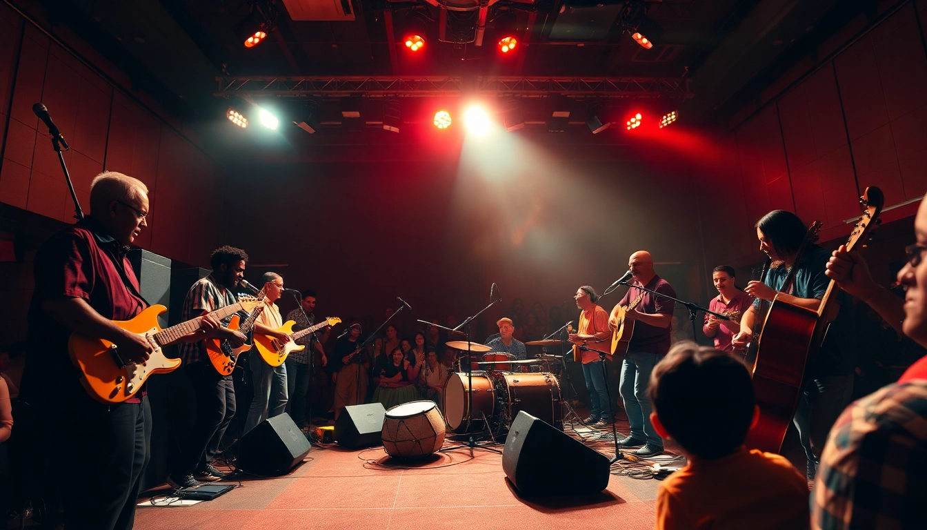 Experience the energy of a kora live music performance with vibrant musicians on stage.