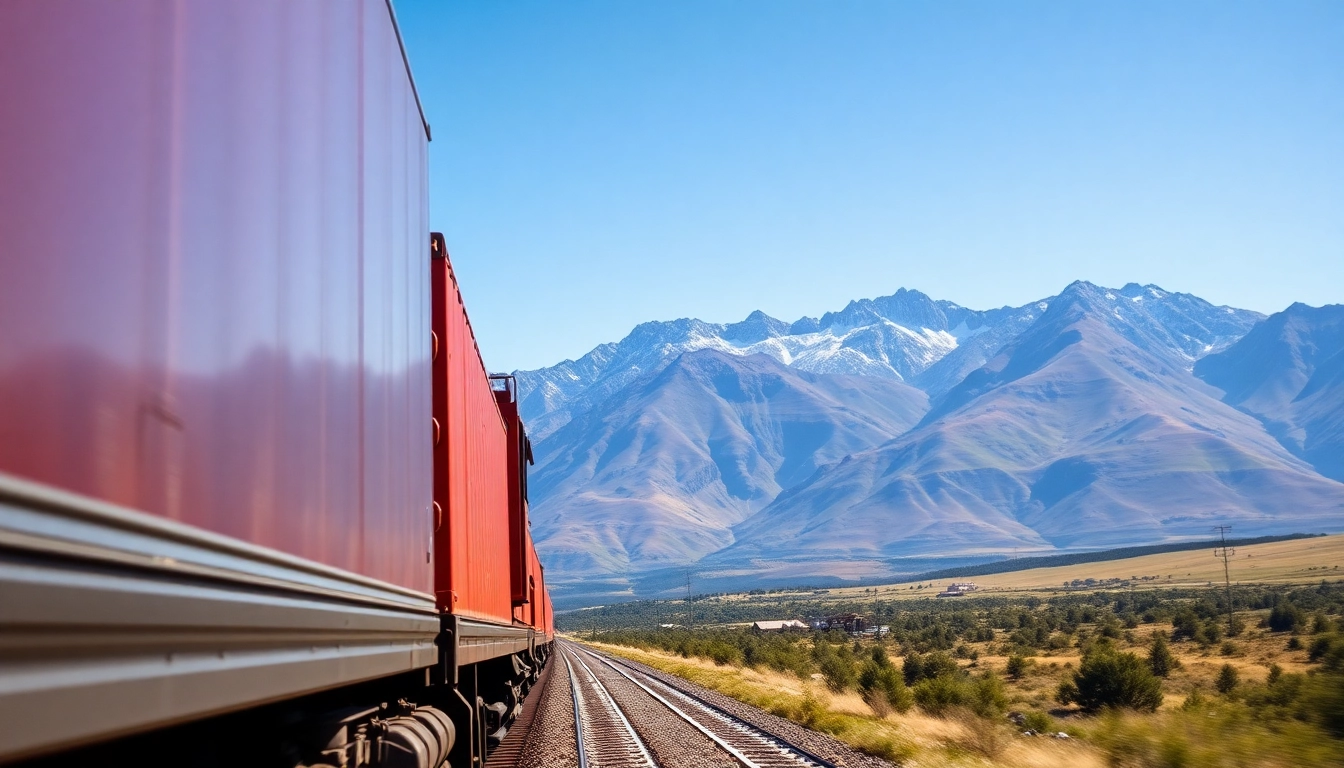 Trucking and transportation emphasizing North American rail services with a freight train on scenic tracks.