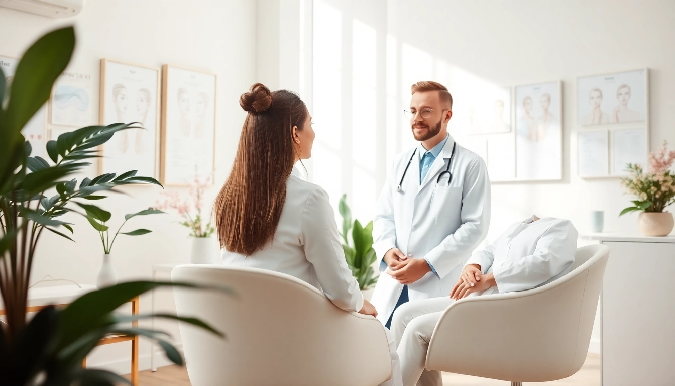 Kirkegaard Aesthetics: Arzt im Gespräche mit Patientin in einer einladenden Praxis.