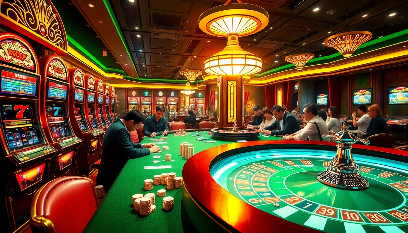 Players enjoying birutoto slot games in a vibrant, luxurious casino setting.