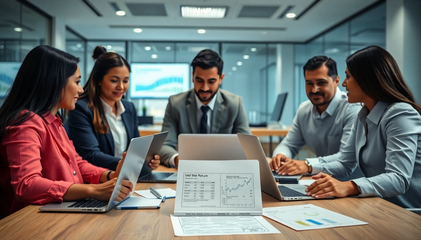 VAT Return Filing process in a modern office with accountants collaborating.