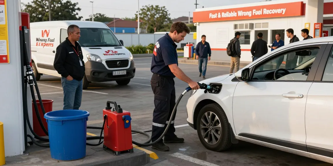 Certified technician draining diesel in petrol car at busy fuel station for quick recovery.