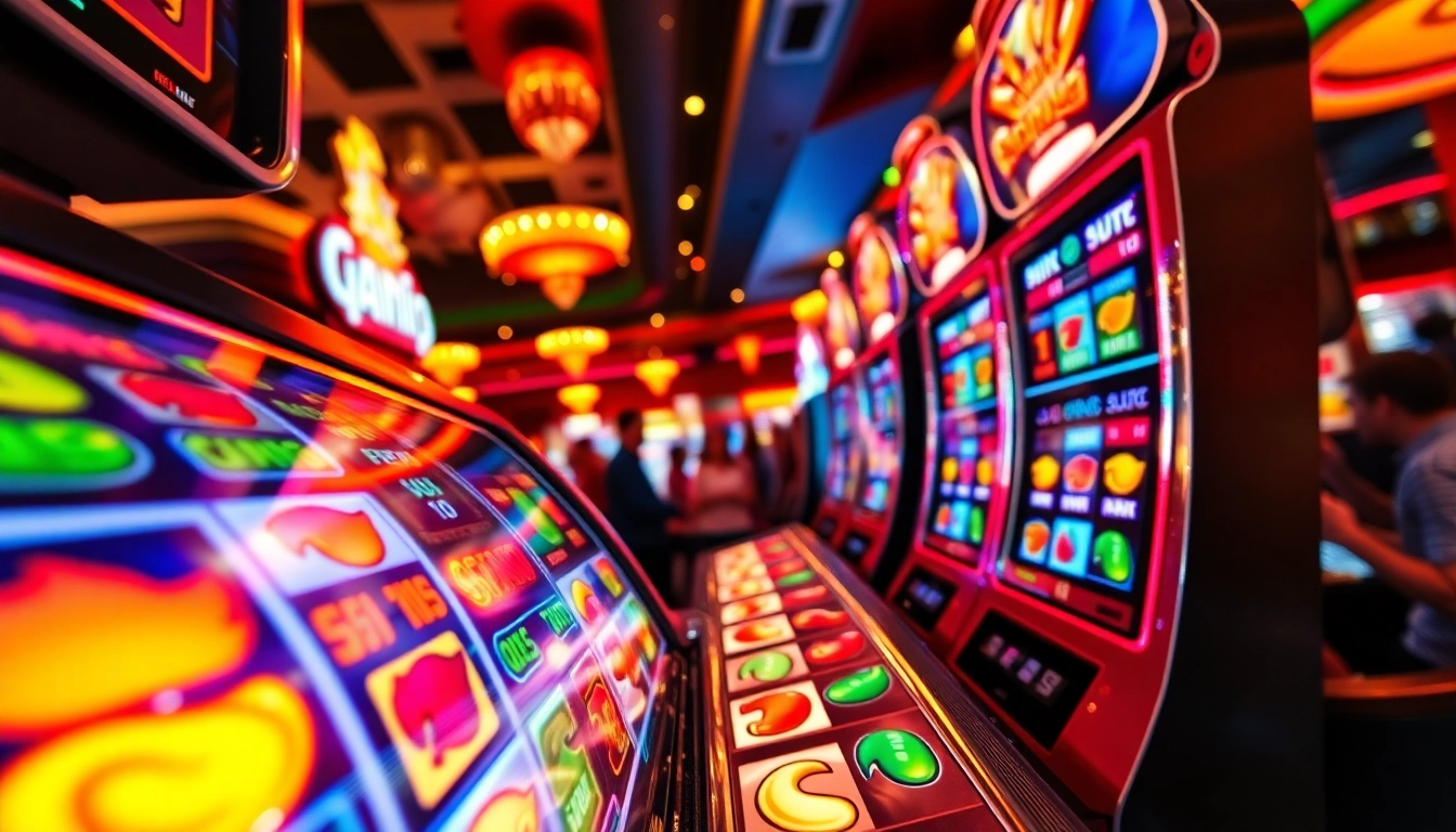 Menangkan slot dengan mesin slot yang berputar di kasino yang ramai.