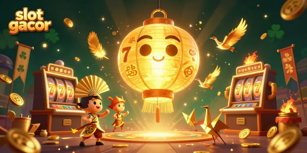 Engage with slot gacor in this vibrant 3D casino world featuring golden elements and dynamic game symbols.