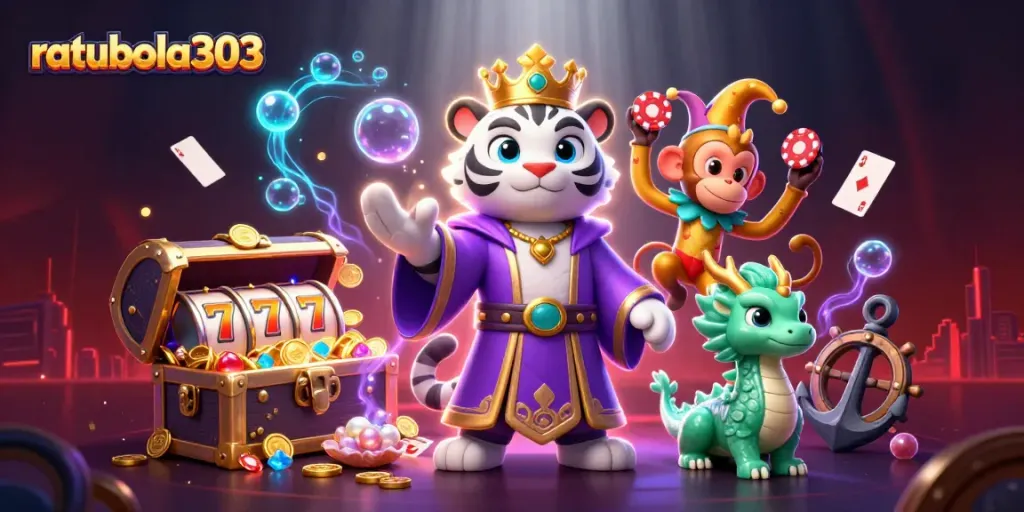 Gambarlah kasino yang menampilkan ratubola303 dengan harimau putih yang mengenakan jubah ungu dan mahkota emas.