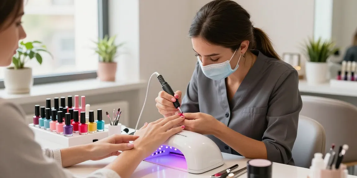 Tehnician profesionist de unghii folosind o lampa UV LED unghii pentru o manichiură elegantă în mijlocul unor produse vibrante pentru unghii.