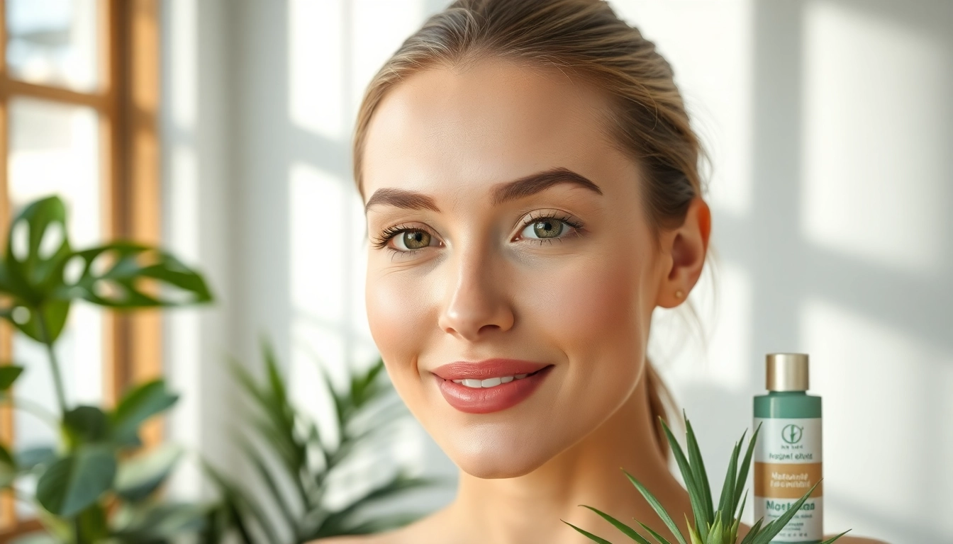 Naturali kosmetika rodo modelį su sveika oda, pabrėžia natūralaus grožio privalumus.