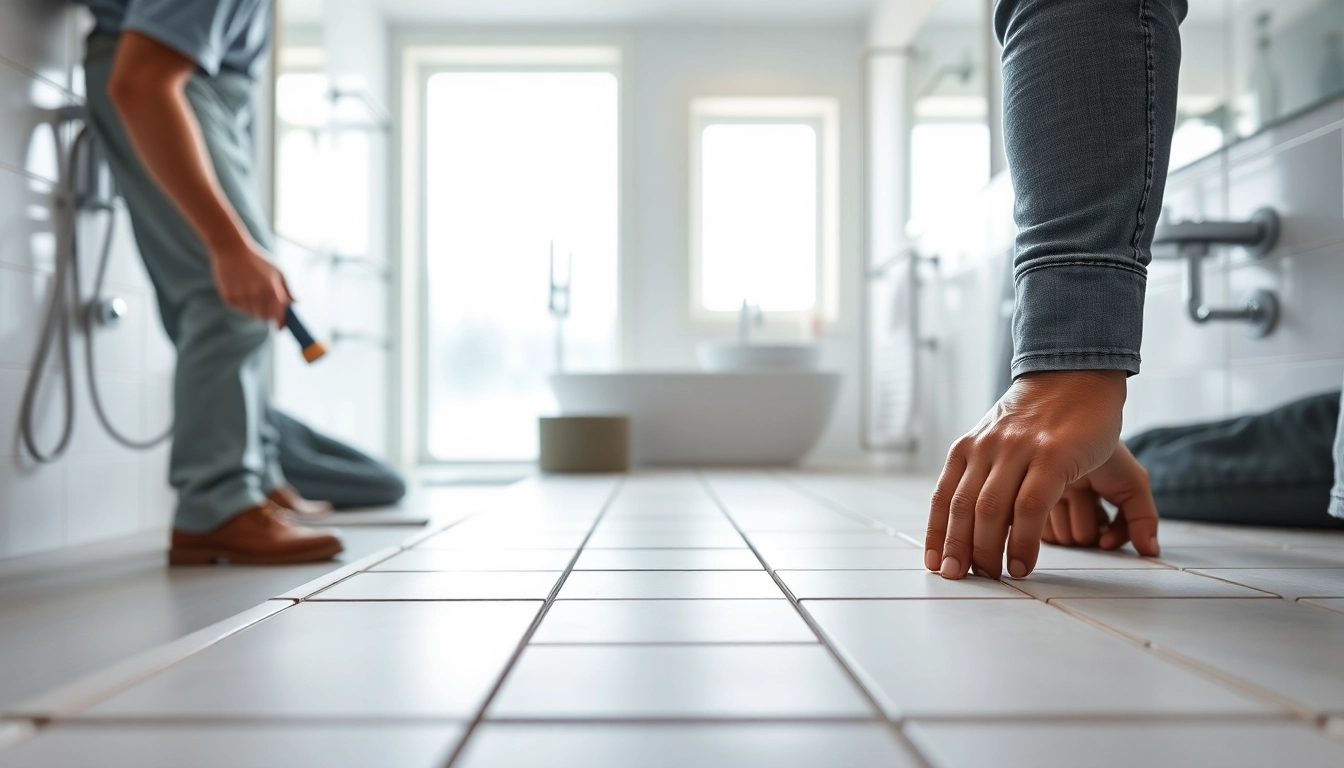 Experienced wet room fitters installing tiles showcasing precision and modern design.