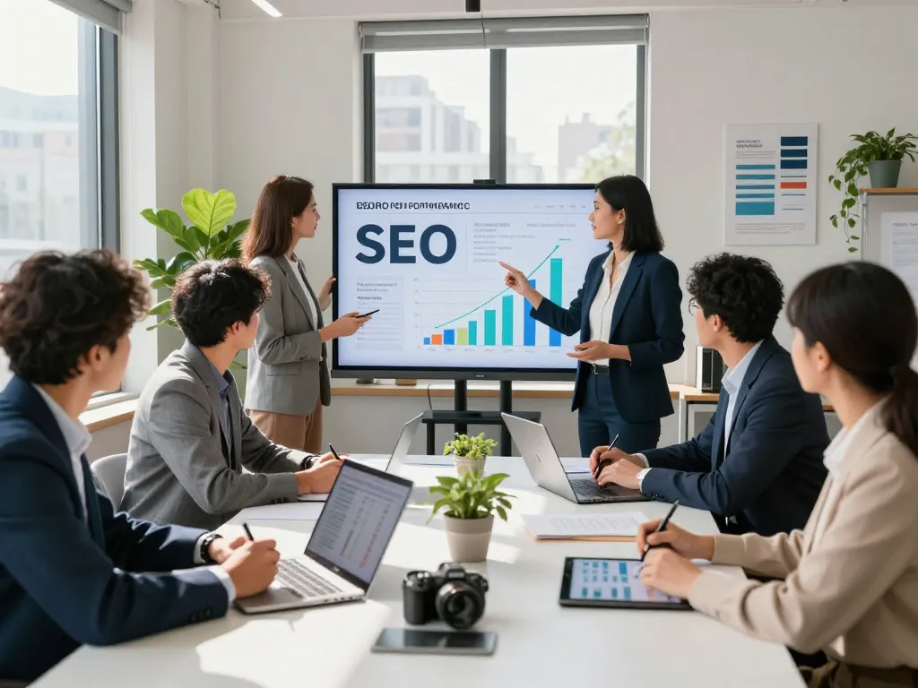 SEO Company in NYC strategizing meeting with diverse professionals analyzing data and performance metrics in modern office.