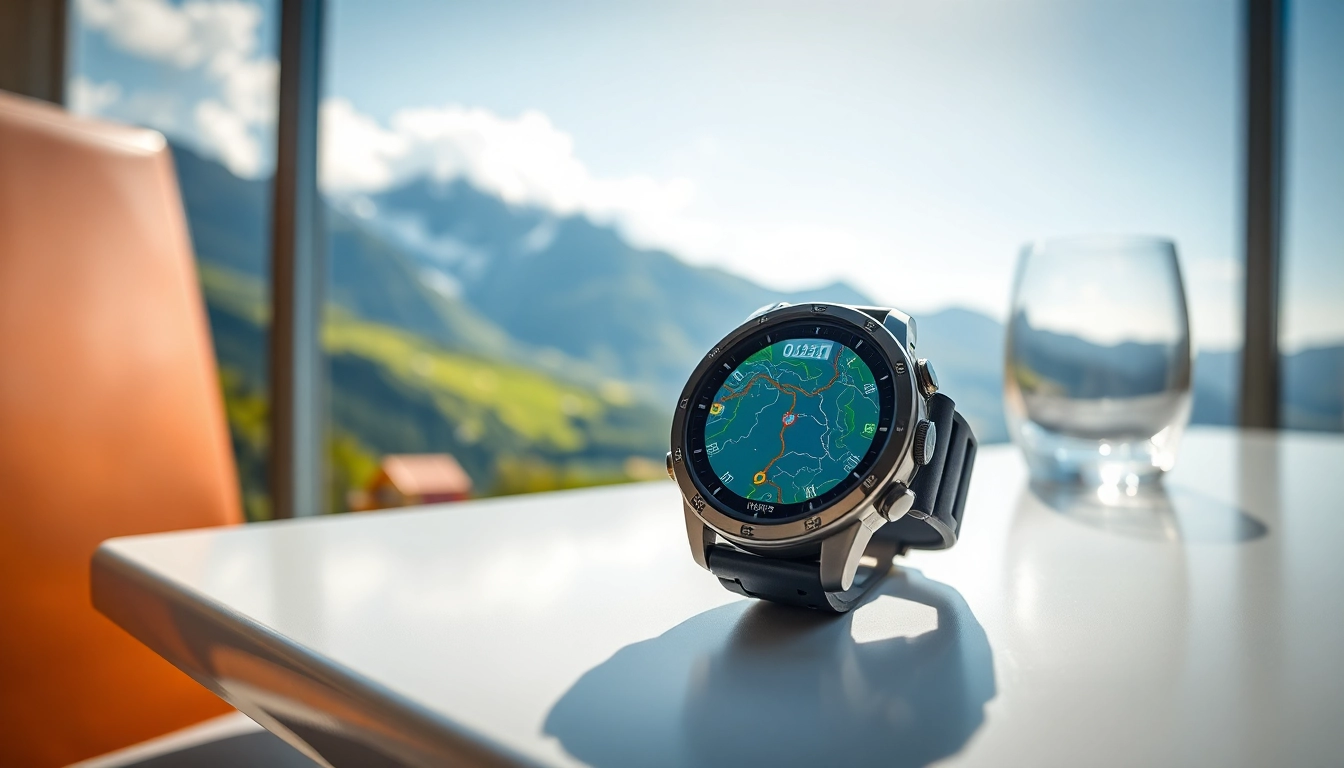 View of an Explorer GPS Smart Watch on a modern table with a scenic backdrop.