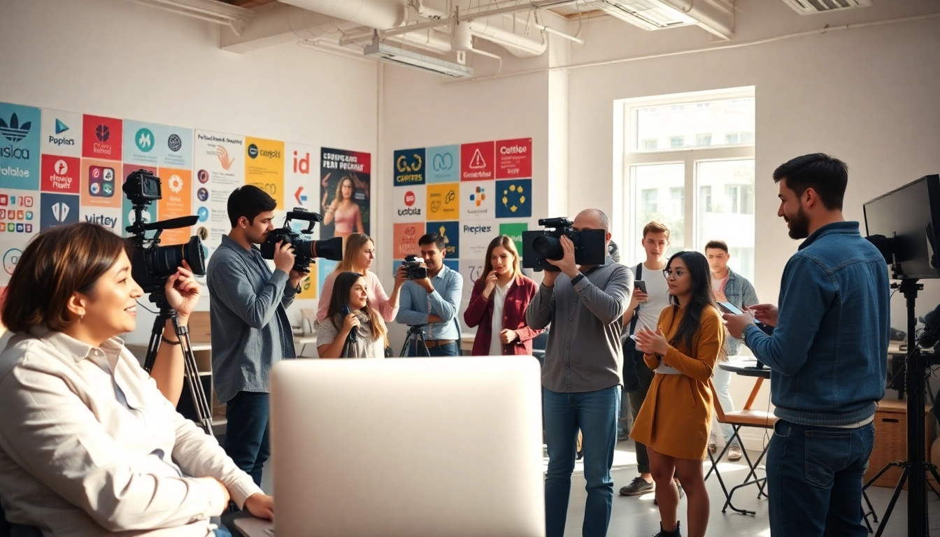 Creators collaboratively working on content monetization for creators in a vibrant studio.