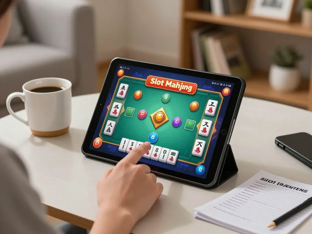 Engaged player spinning Slot Mahjong on tablet in a cozy home environment, showcasing exciting gameplay.