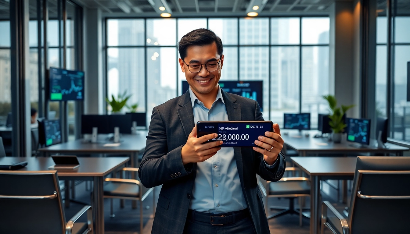 Confident professional celebrating BOX138 successful withdrawal of Rp 2.424.000,00 in modern office.