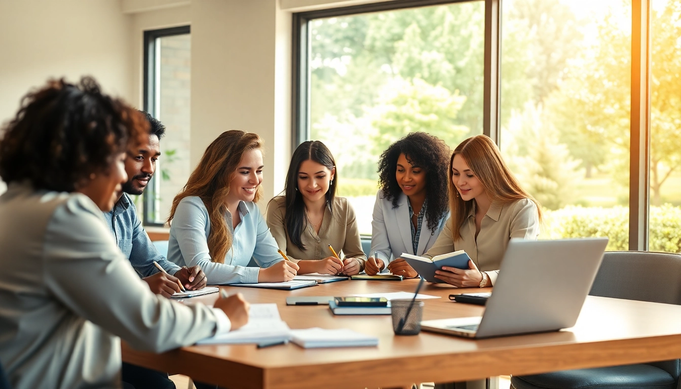 Find my true calling depicted through professionals collaborating in a sunlit office space.