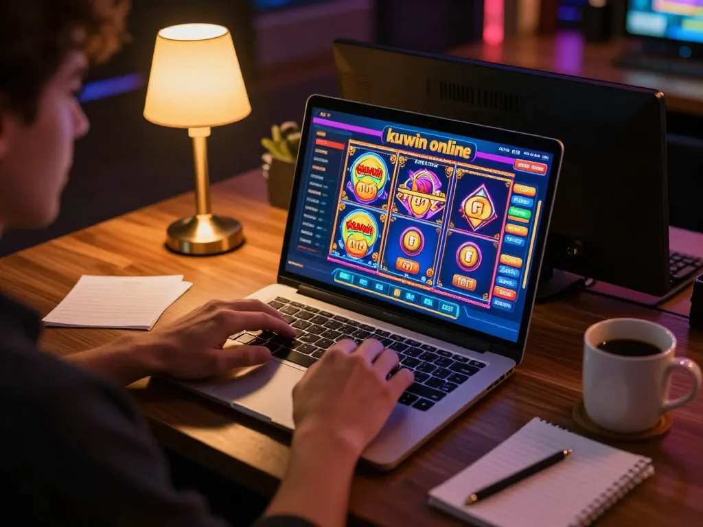 Kuwin gaming setup with a player engaged in online slots, showcasing vibrant graphics and betting interface