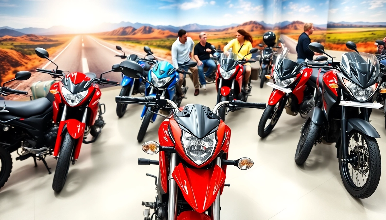 Showcase of 125cc and 250cc beginner motorcycles in a bright showroom highlighting their features.