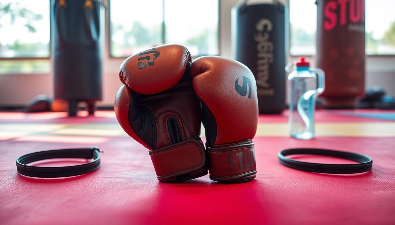 Ergonomische MMA gloves auf einem Trainingsplatz mit intensiven Details und sichtbarem Zubehör.