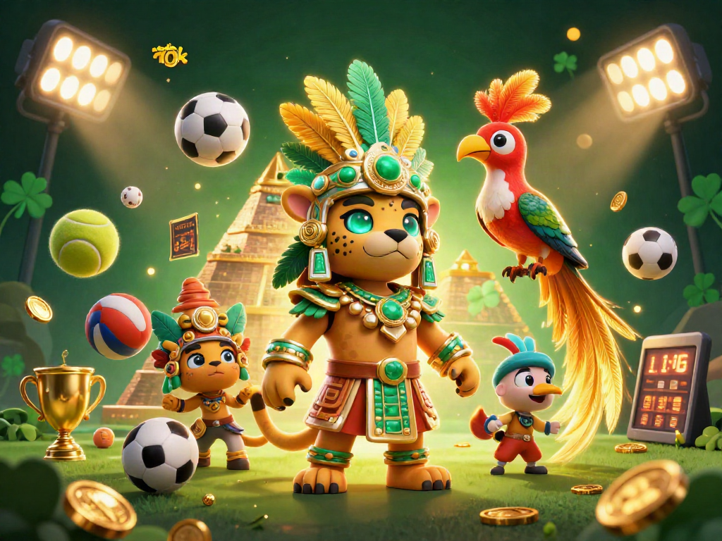 Engage with the exciting world of depo 10k in this vibrant 3D illustration featuring a Mayan jaguar priest.