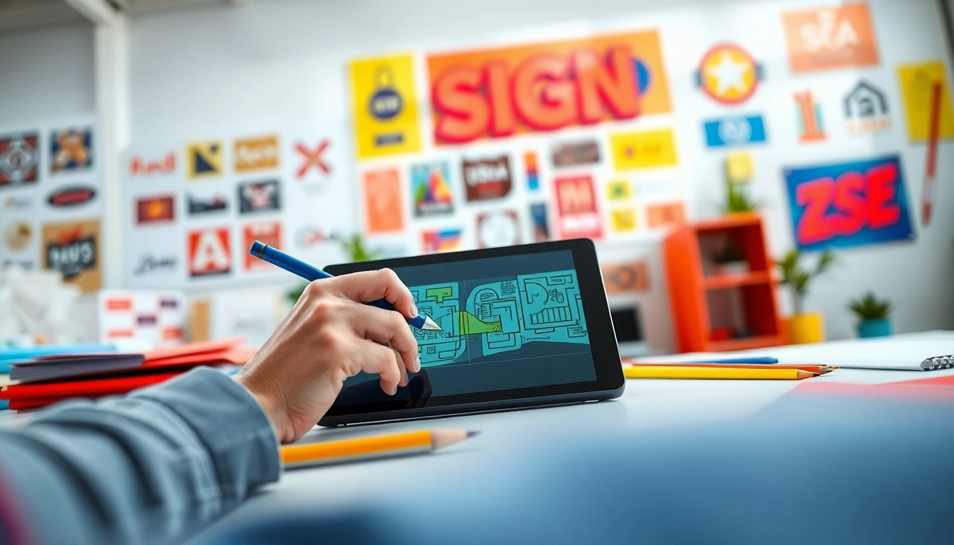 Creating an innovative sign design with vibrant materials in a dynamic workspace.