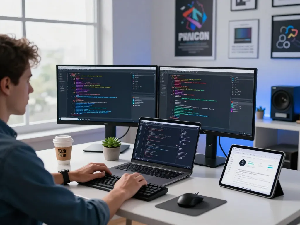 Developer using Moltbot AI in a modern tech workspace surrounded by gadgets and code, illustrating clawdbot capabilities.
