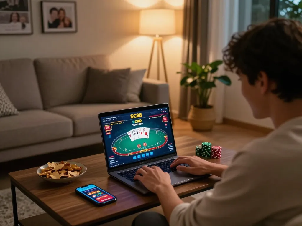 Engaging gameplay on SC88 TRANG CHỦ with person at home using laptop for poker.