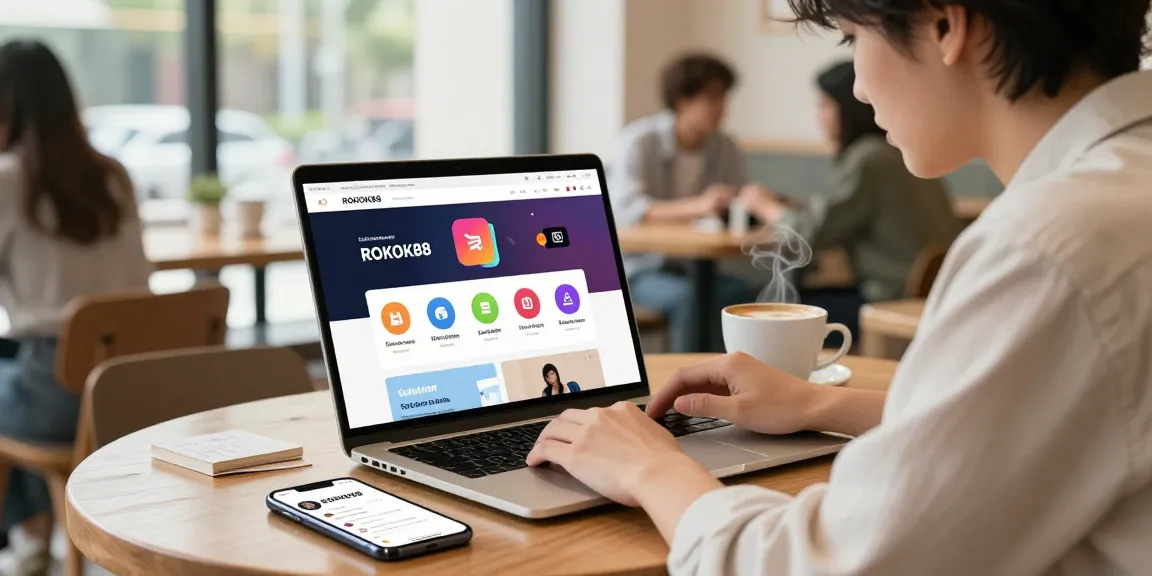 User exploring the ROKOK88 digital platform on a laptop at a café, highlighting vibrant APK links and app notifications.