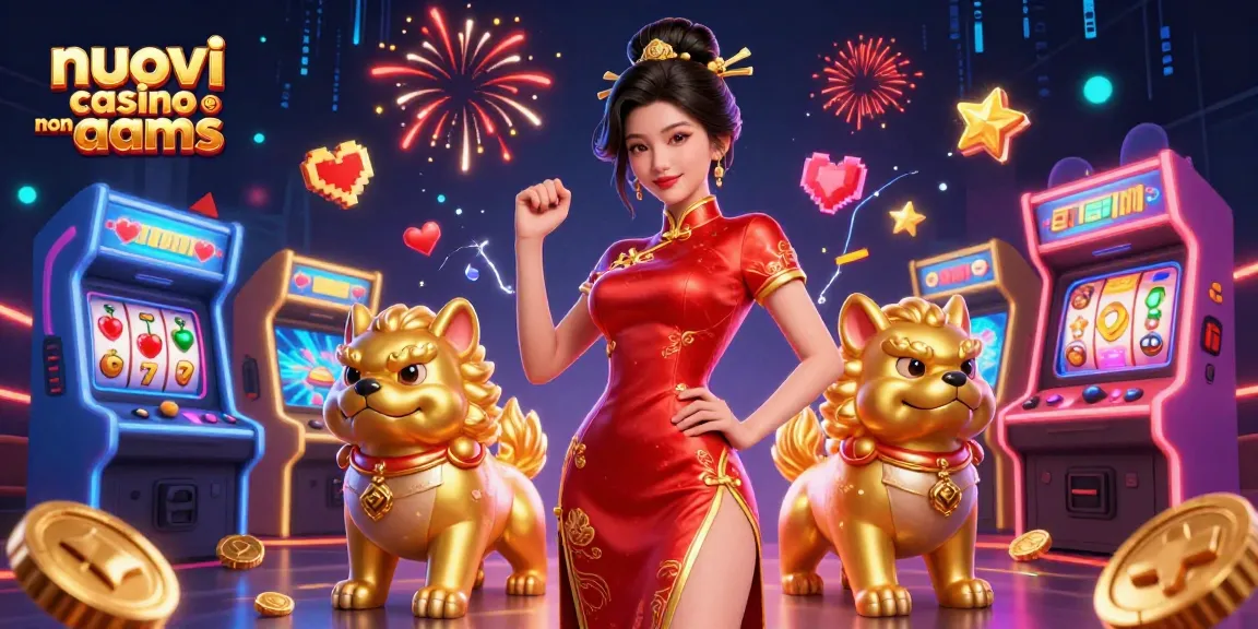 Interagisci con le offerte dei nuovi casino non aams che presentano una elegante donna asiatica tra emozionanti giochi di slot e vivaci fuochi d'artificio.