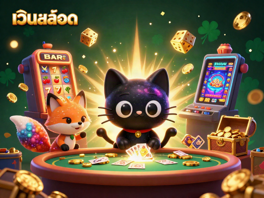 Engage with เว็บสล็อต at a cosmic casino, where a black hole cat draws in winnings and treasures.