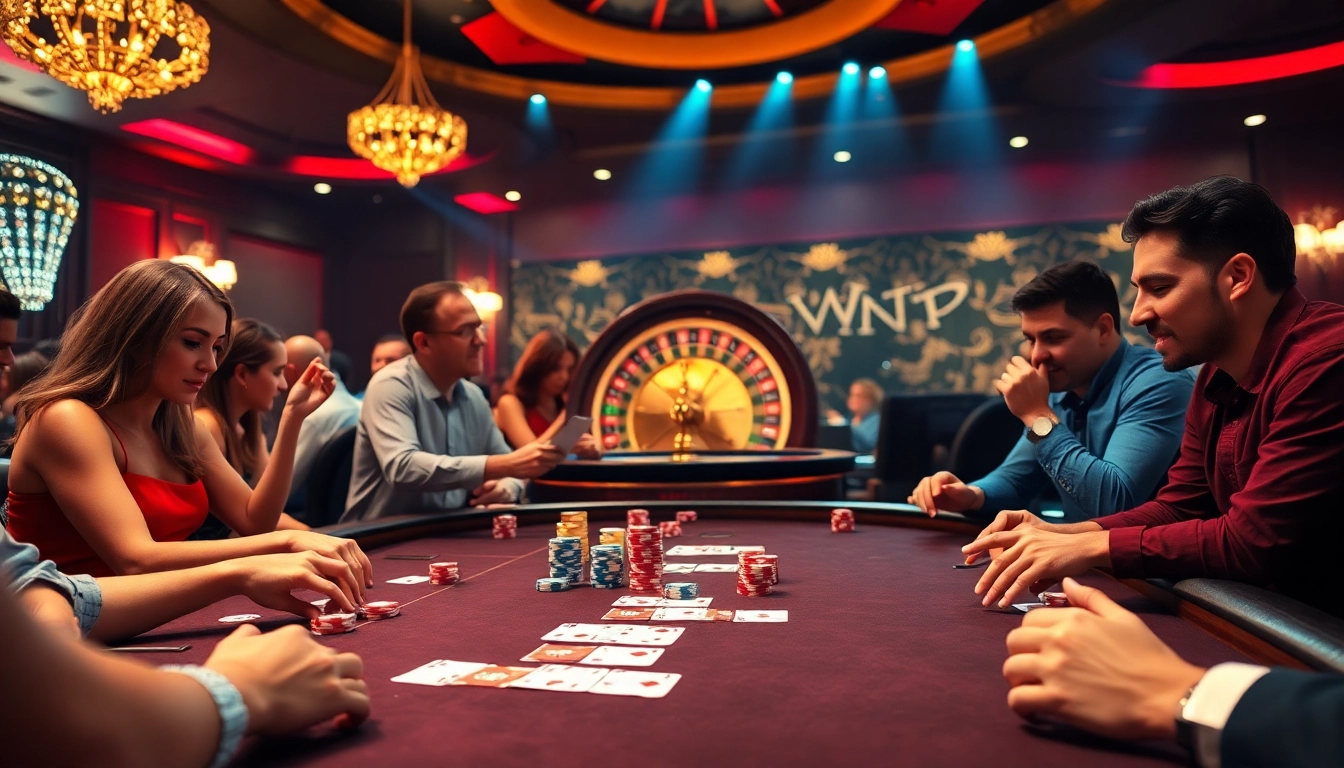 Cảnh chơi poker Bet VIP đầy hứng khởi với những người chơi sôi nổi và những đồng chip đầy màu sắc.