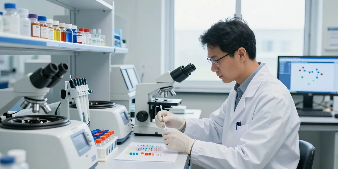 Scientist analyzing American-made research peptides in a high-tech laboratory environment.