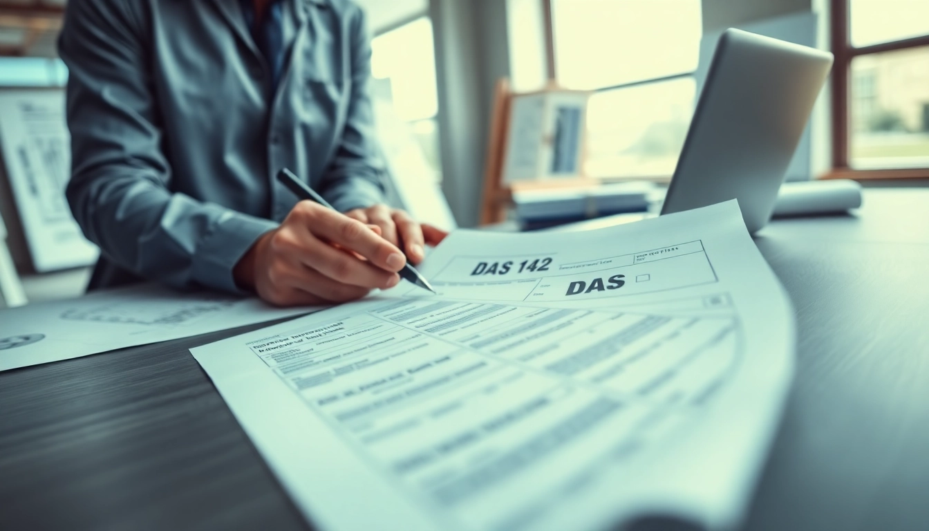 DAS 142 form being filled out by a contractor in a professional office setting.