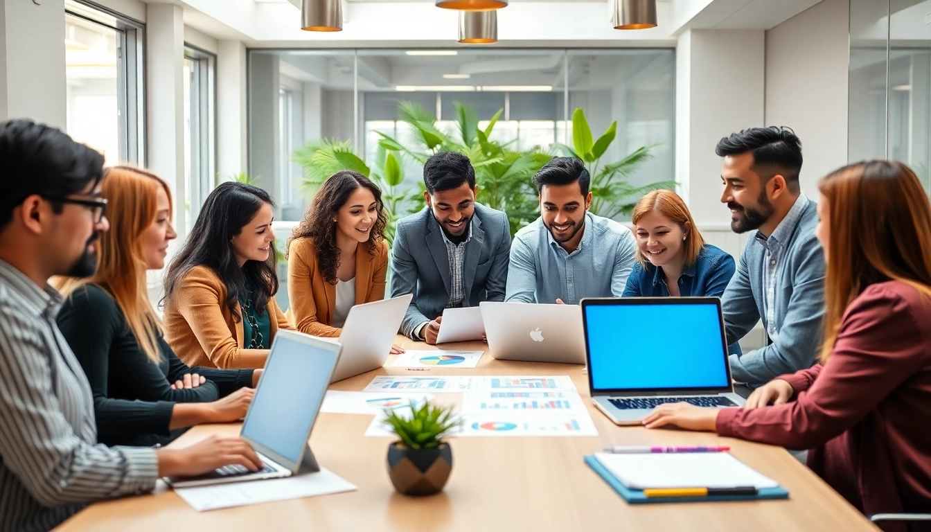 Team collaborating on enterprise search solutions in a bright office space.