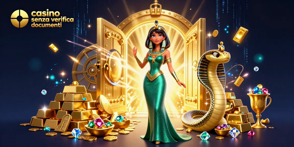 Vivi l'emozione del casinò senza verifica documenti con una donna glamour e tesori d'oro.