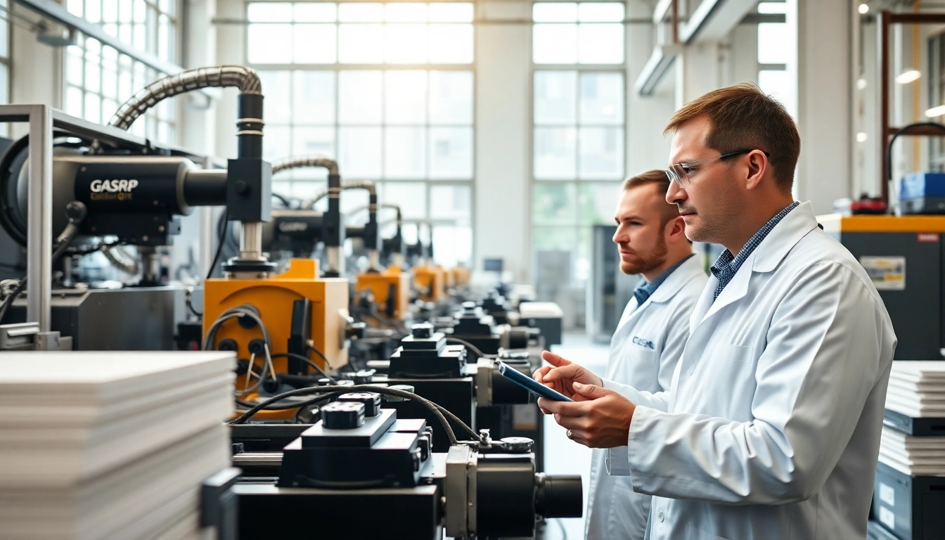 GRP Manufacturer facility displaying precision machinery and engineers at work in a bright, professional setting.