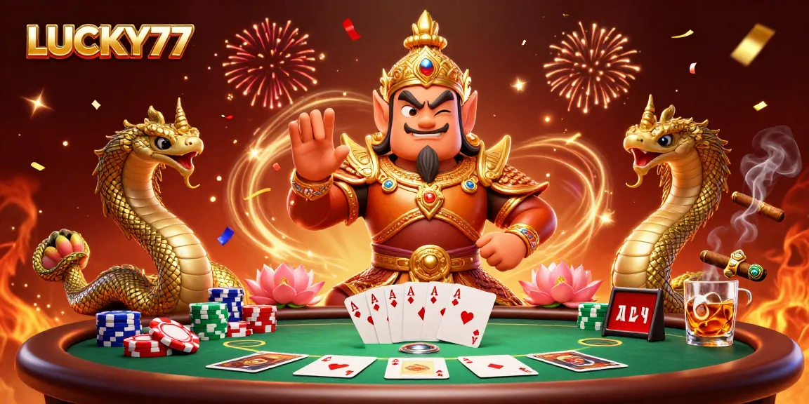 Experience exciting wins with LUCKY77 at a visually stunning poker scene full of vibrant casino elements.