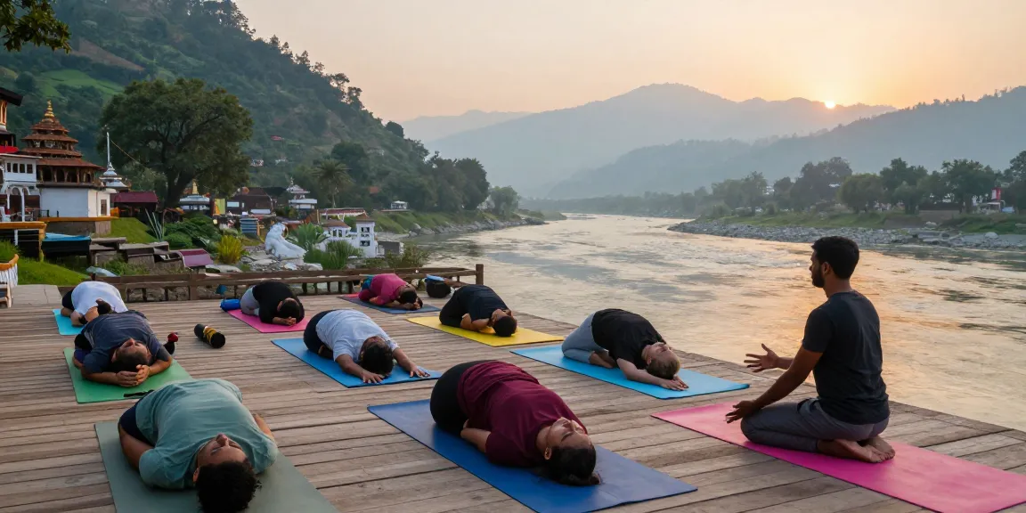 Students practicing yoga instructor certification in India at sunrise on a wooden deck overlooking the Ganges.