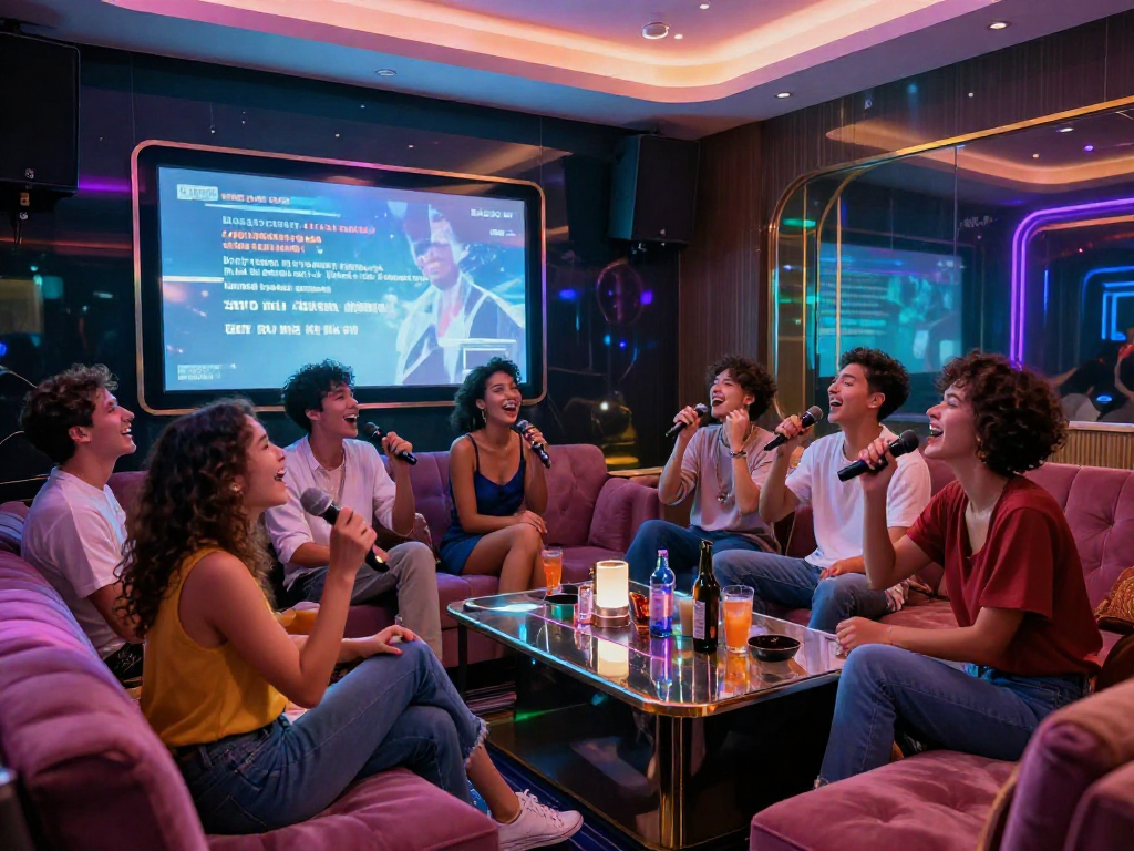 강남 타이밍에서 즐거운 시간을 보내는 친구들의 카라오케 장면, 현대적이고 세련된 분위기를 느낄 수 있습니다.