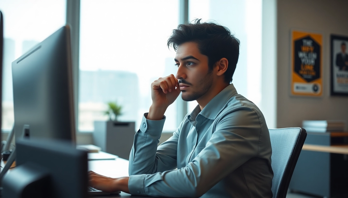 Mobbing am Arbeitsplatz: illustration of a professional working in an office, demonstrating signs of distress.