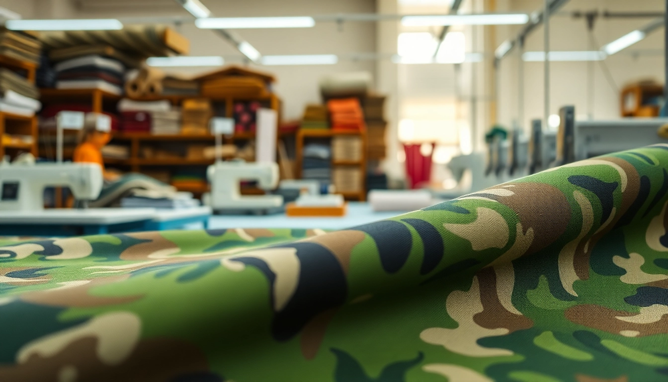 Bekijk katoen met legerprint; army print op levendige stoffen in een creatief atelier