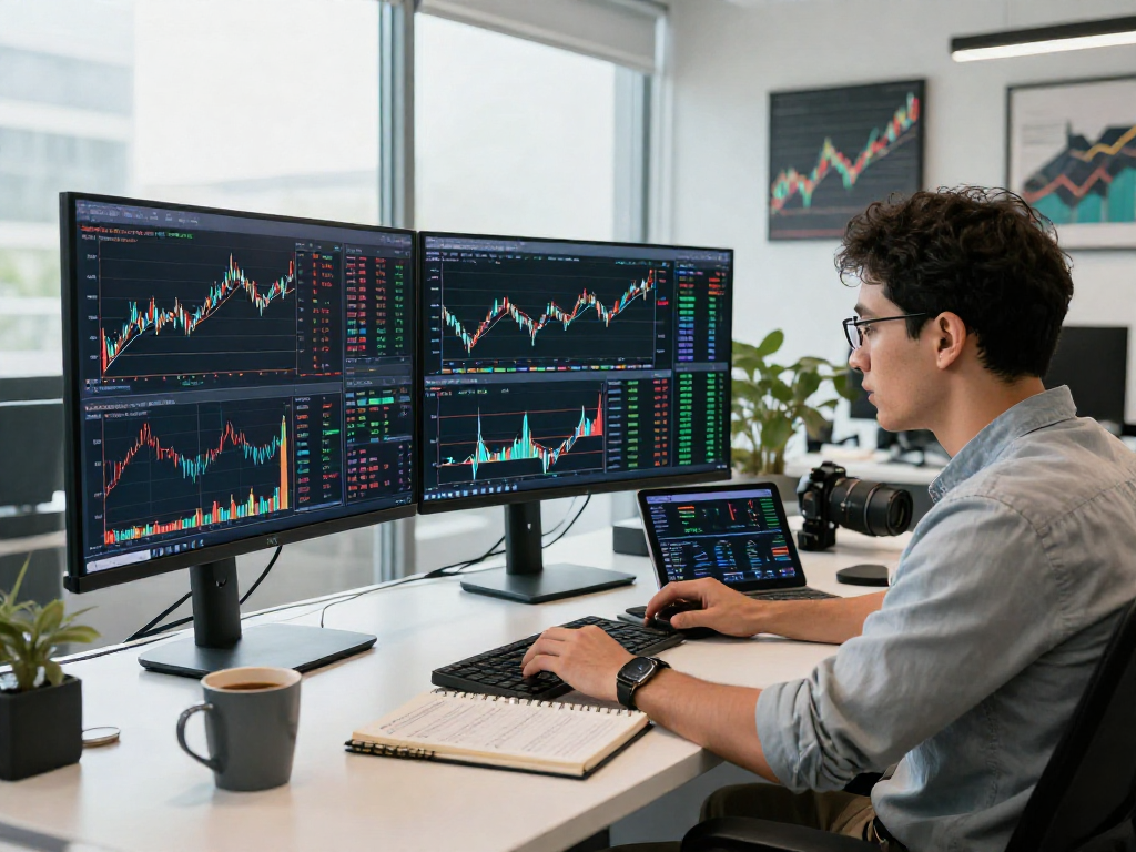 Data analyst reviewing HK stock historical Kline API in a modern office.