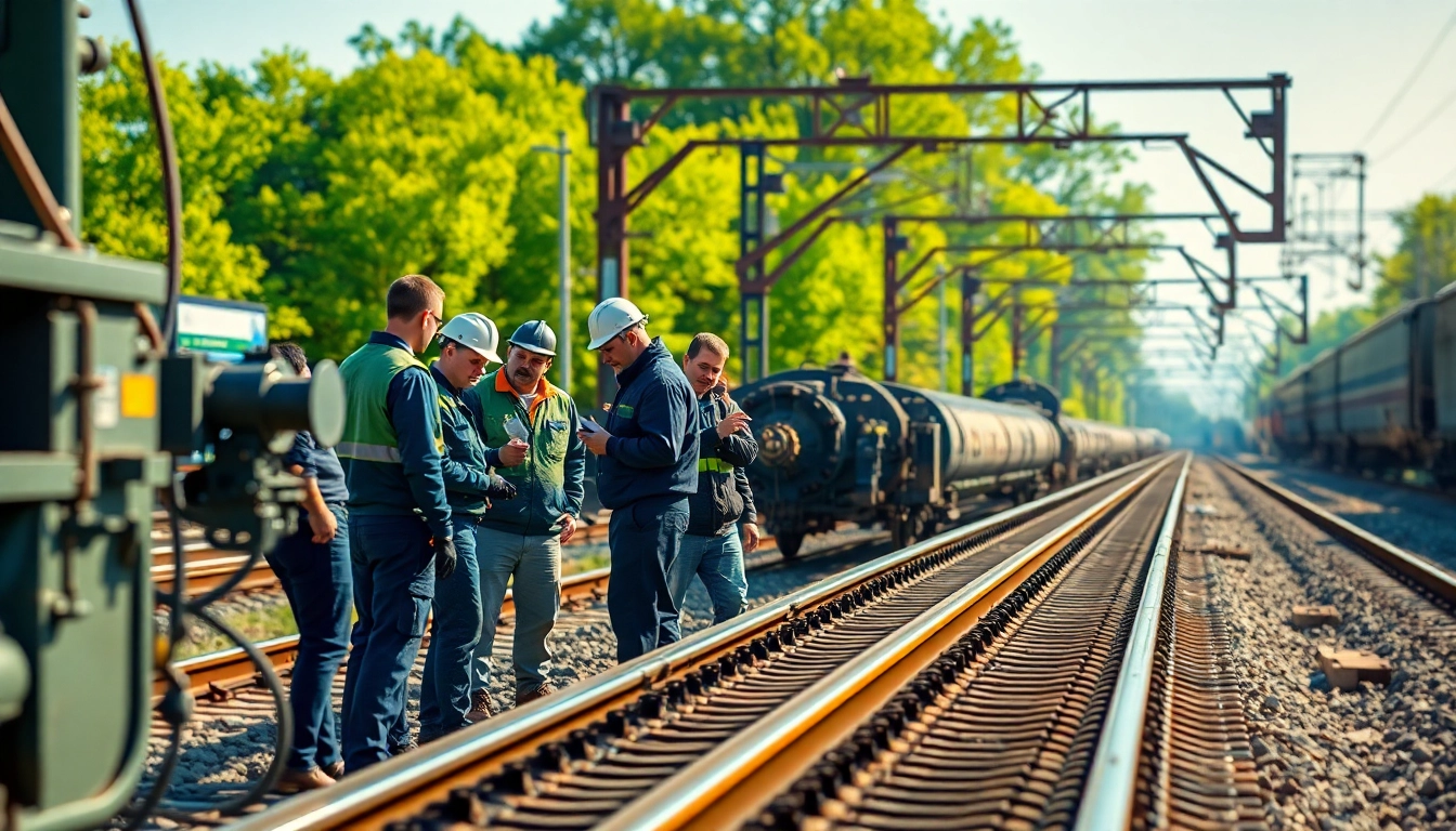 Workers performing derailment repairs on railway tracks, showcasing teamwork and expertise.