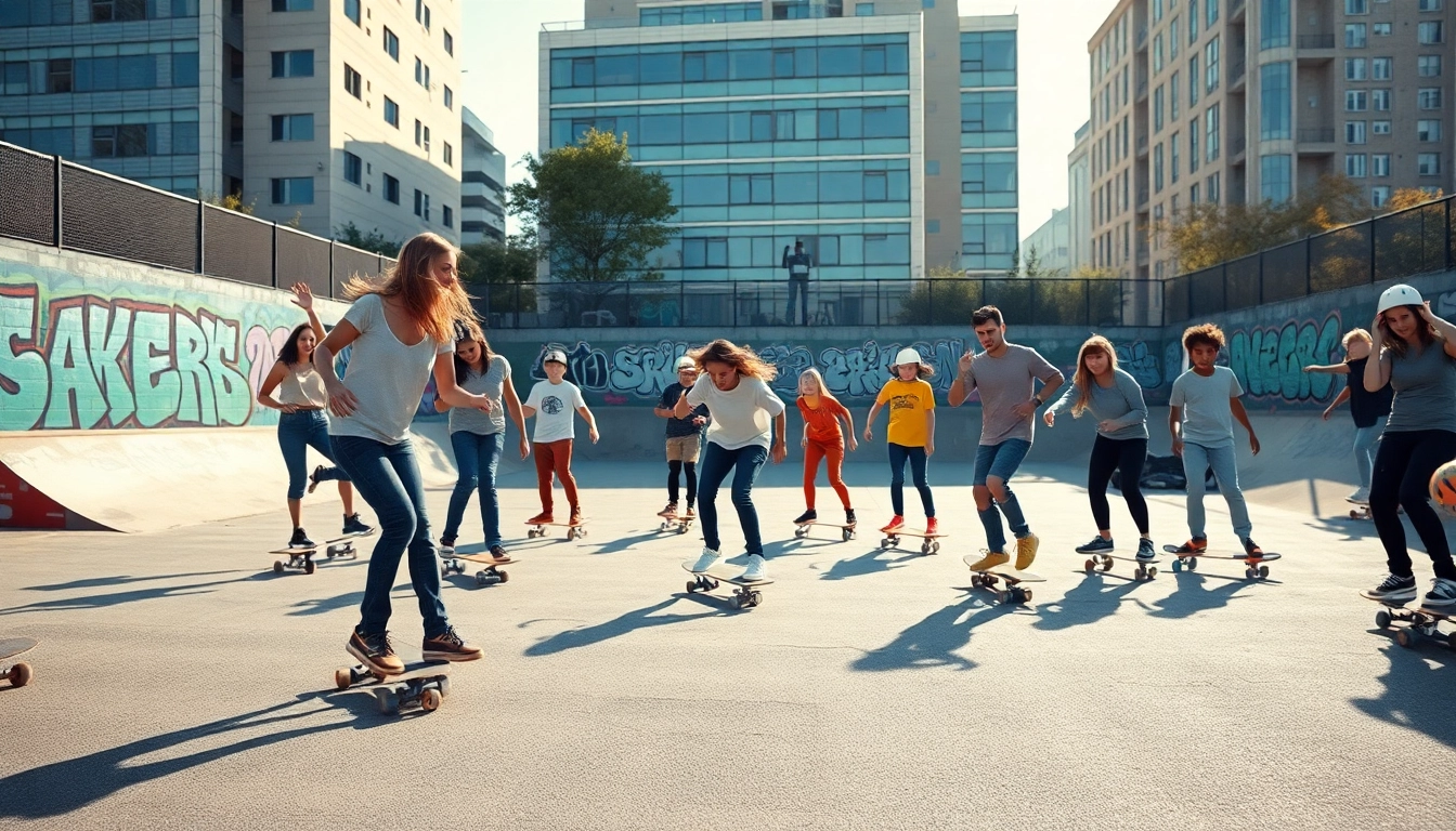 Participation in a Skate class paris avec des skateurs de tous âges dans un skatepark urbain.