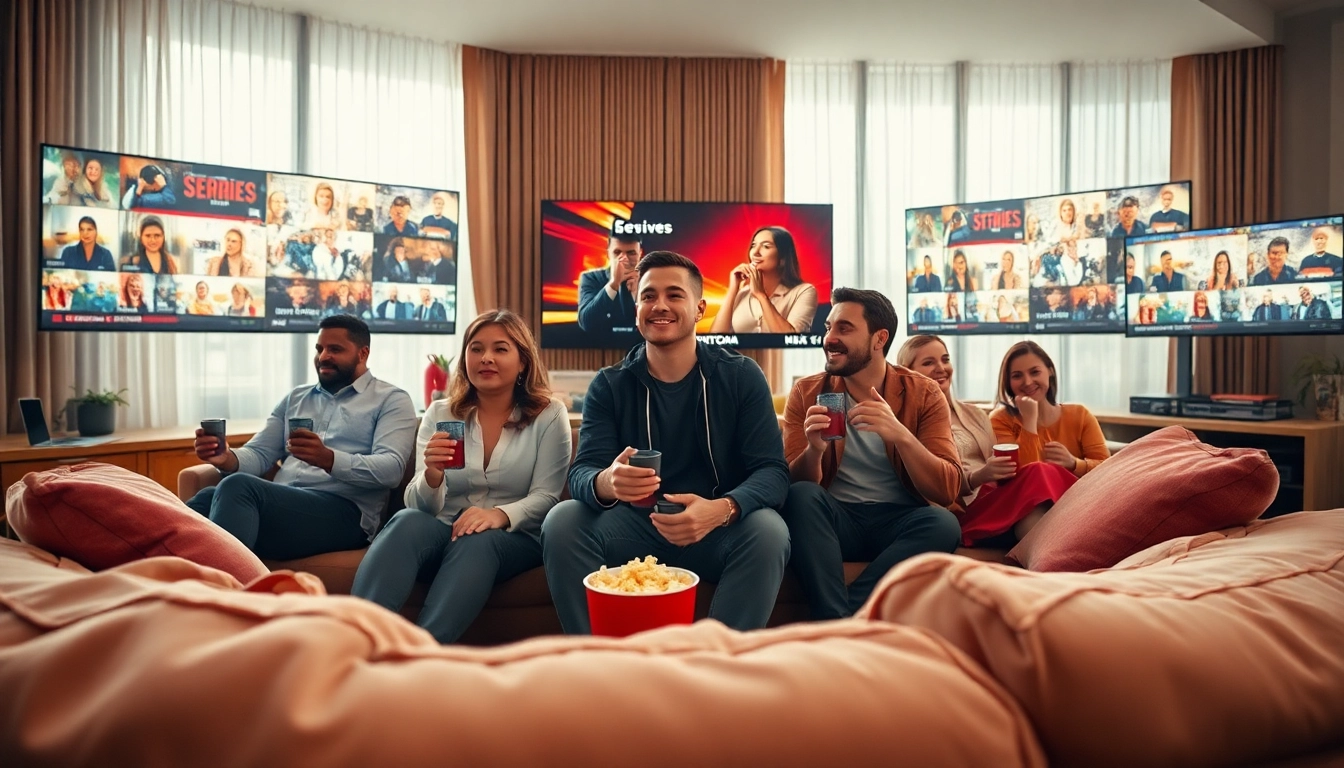 Watch series online in a vibrant living room with engaging individuals enjoying a cozy atmosphere.