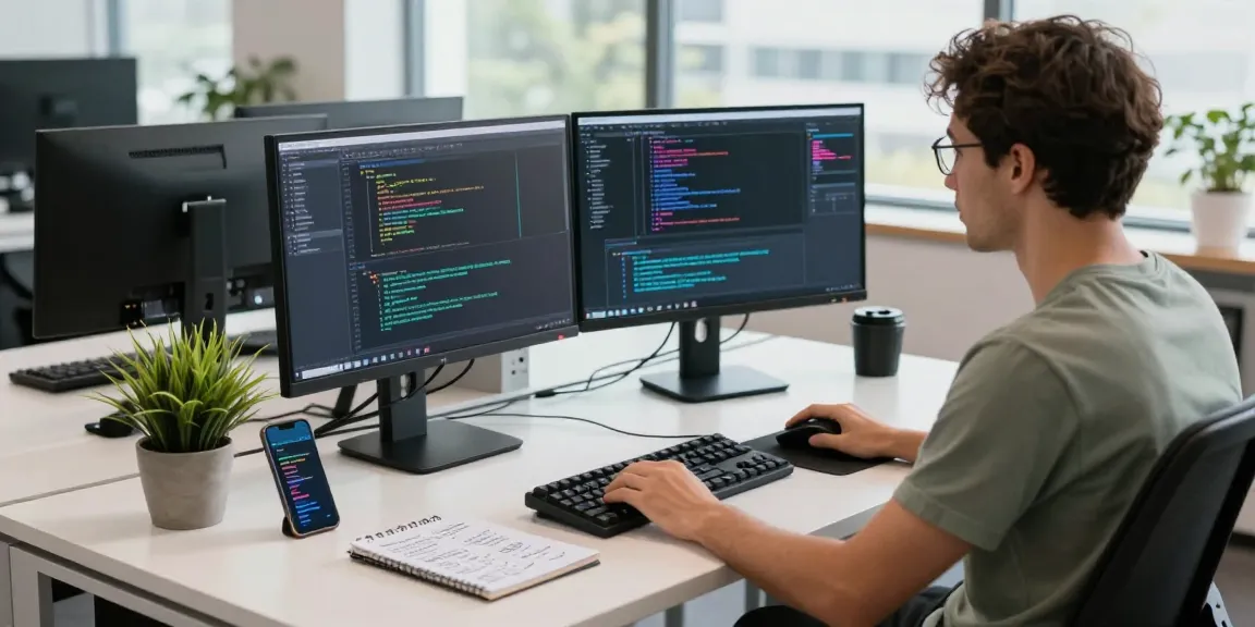 Vibrant tech workspace with a developer coding on dual monitors, showcasing 纸飞机中文版 productivity tools.