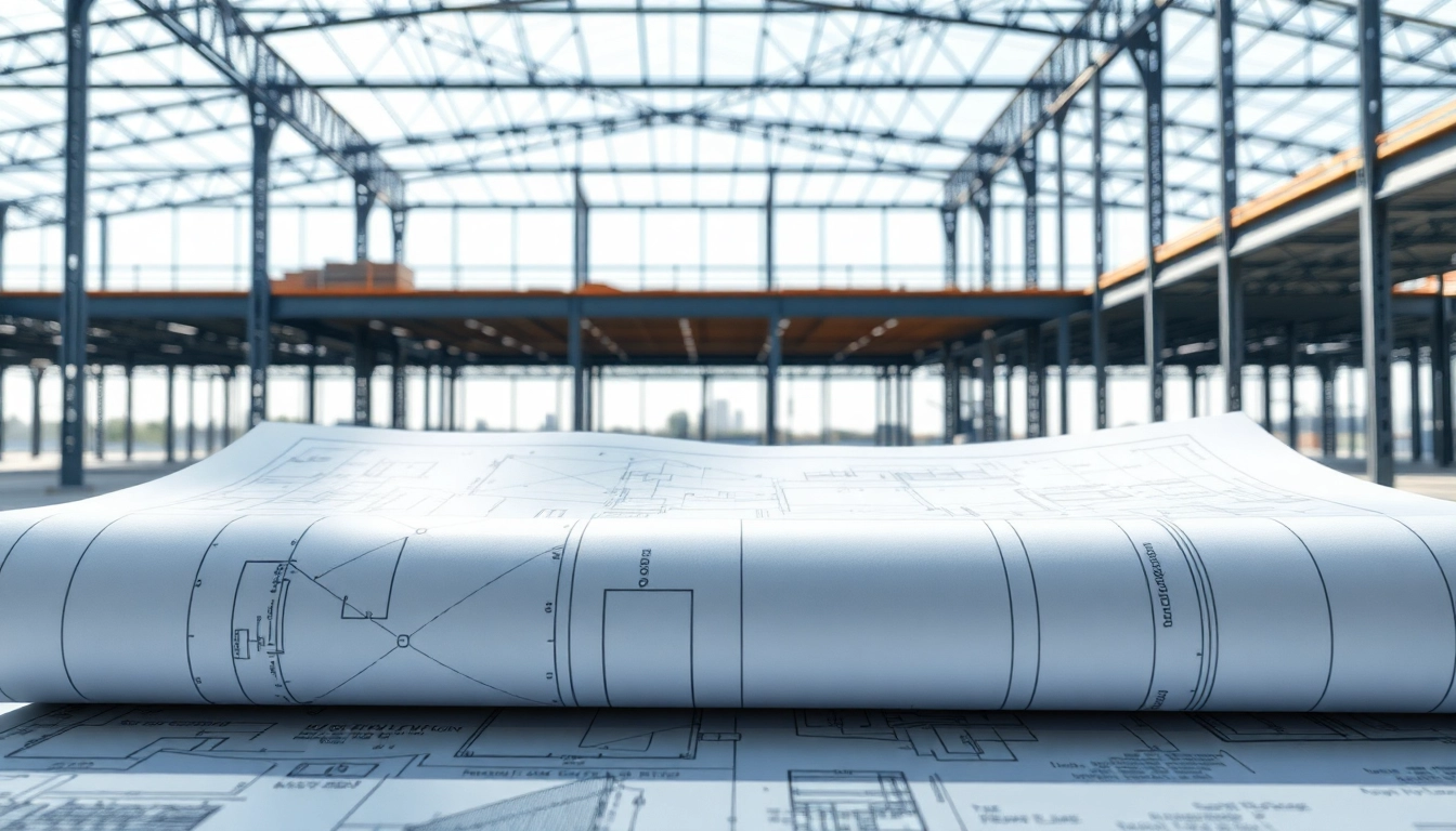 Exemplary steel structure design featuring an architectural blueprint against a modern construction site.
